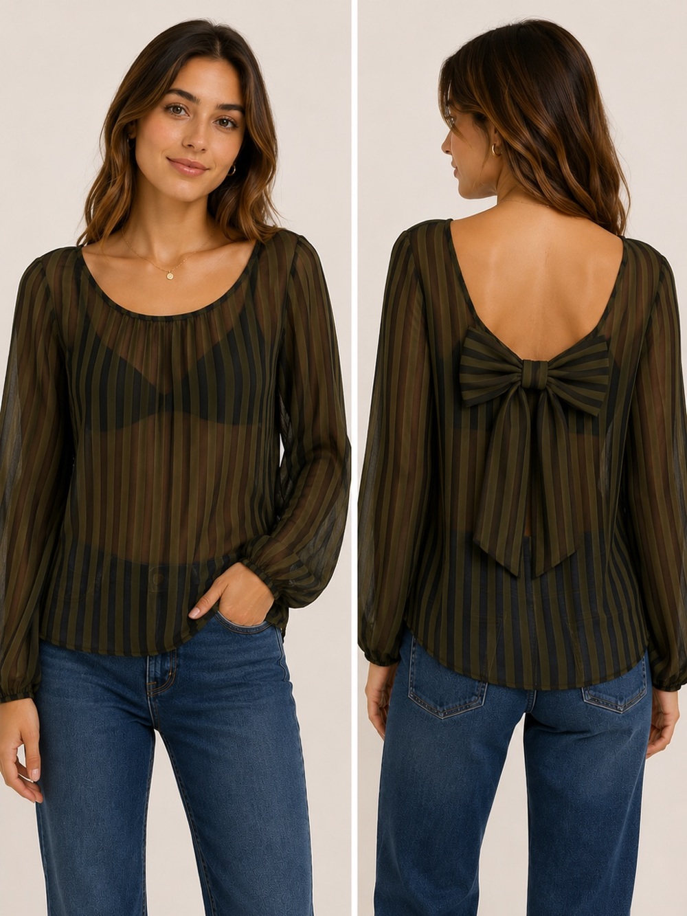 Whimsical Women’s M Striped Sheer Blouse Bow Classic Boho Elegant Classic Grunge